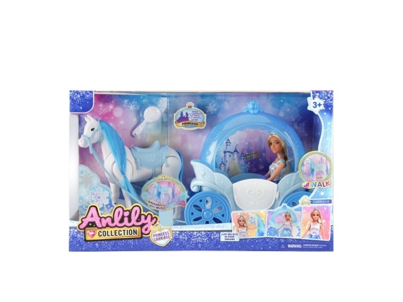 11.5-Inch Solid Body Doll Electric Horse + Carriage (Hooves Sound) 4 Aa Pills Not Included (Brown Skin)