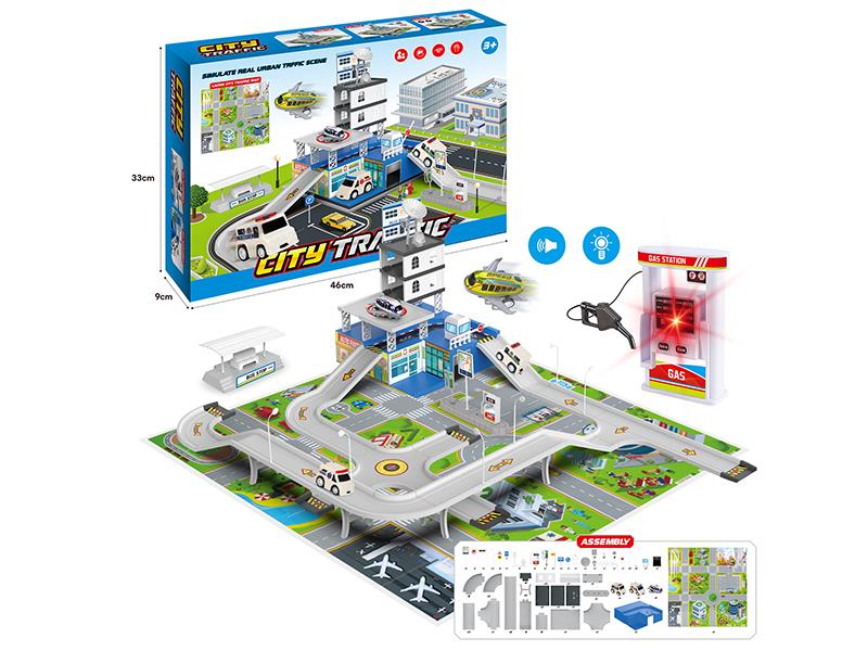 Simulation Track Ctiy Traffic Scene Set(Gas Station Model With Lights And Music, 2 Pull Back Cars, 1 Pull Back Airplane)