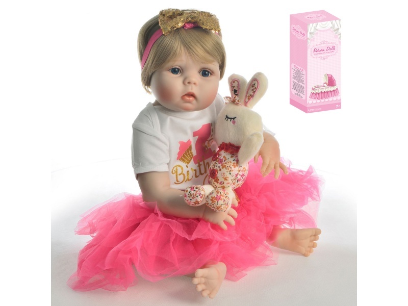 56Cm Rebirth Doll High-Fidelity Baby Doll (Wig) With Baby Bottle, Magnetic Pacifier, Diaper, Birth Card, Plush Rabbit