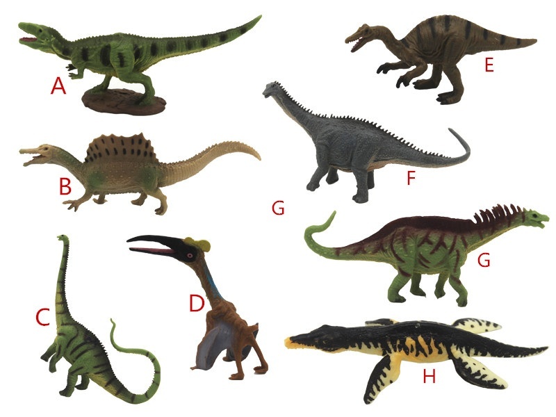 8 Mini Dinosaurs (A Giganosaurus +B Spinosaurus +C Diplodocus +D Pterodactyl +E Diplodocus +F Apatosaurus +G Amagasaurus +H Stegosaurus)