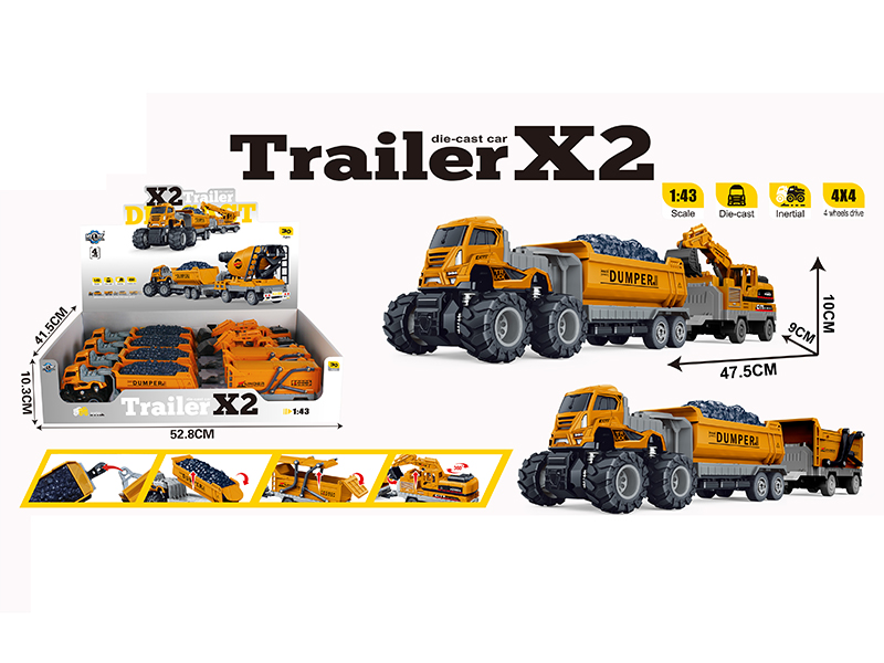 4WD Friction Alloy Double Engineering Trailer(4PCS)