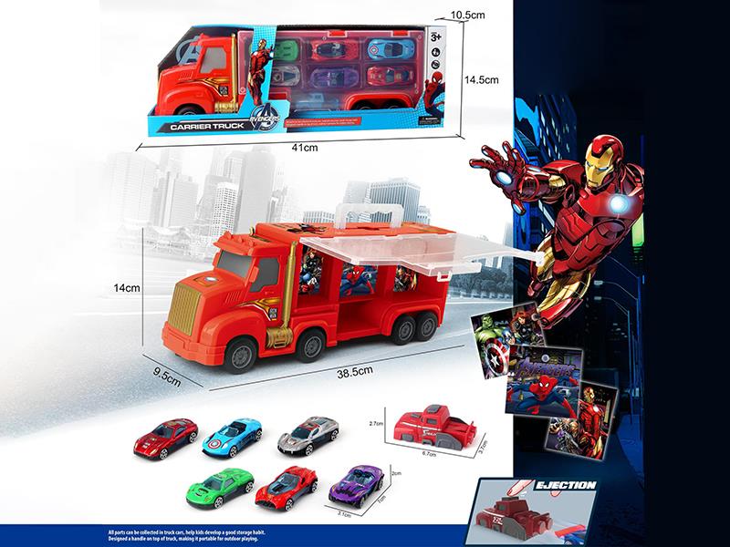 Friction Iron Man Storage Carrier Truck + 6 Slide Alloy Cars + Launcher