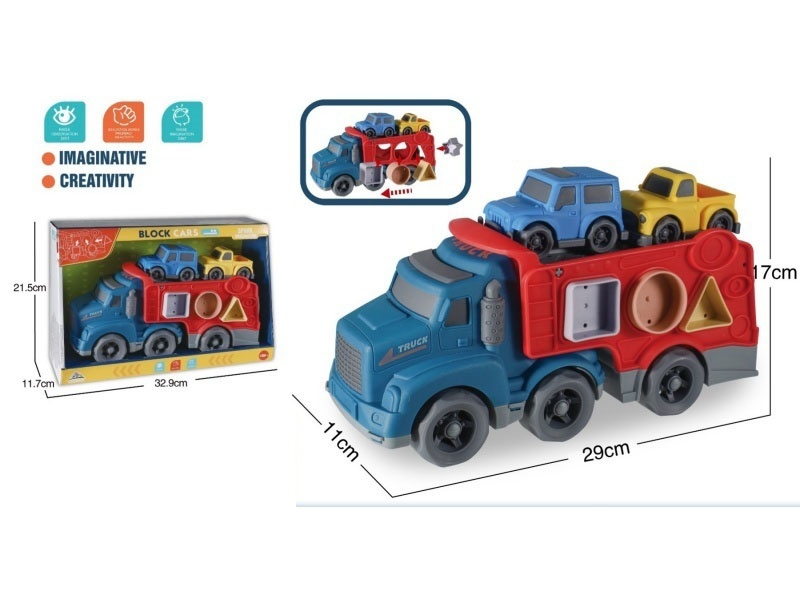 Lighting And Sound - Sliding Cartoon Transport Tractor (4 Geometric Grain-Shaped Blocks) - Paired With 2 Small Cars