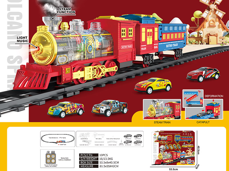 Classical Steam Transparent Gear Locomotive Electric Rail Train Toy(Sound, Spray, Catapult)