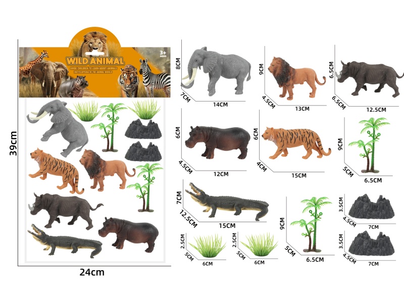 Elephant, Lion, Rhinoceros, Hippopotamus, Tiger, Crocodile Simulation Wild Animal Scene Series Set 4
