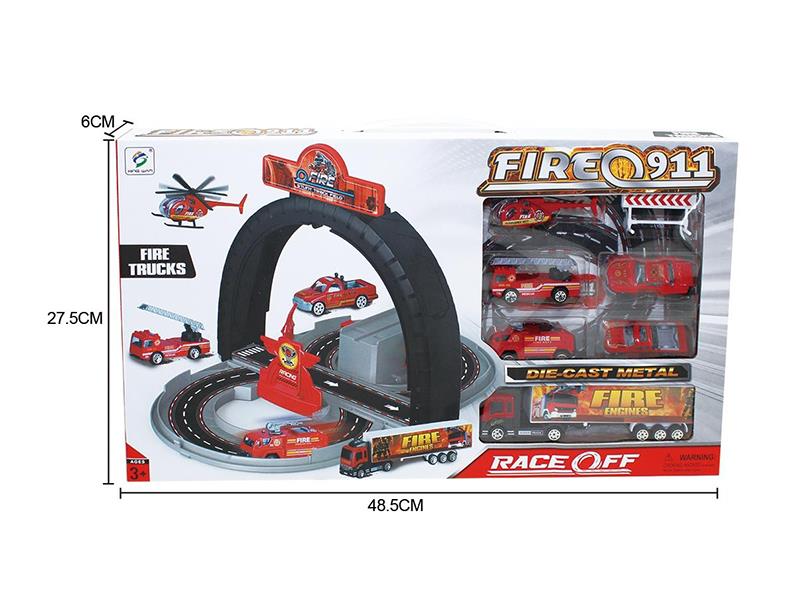 Mini Alloy Fire Car Toy Deformable Tire Parking Lot Set