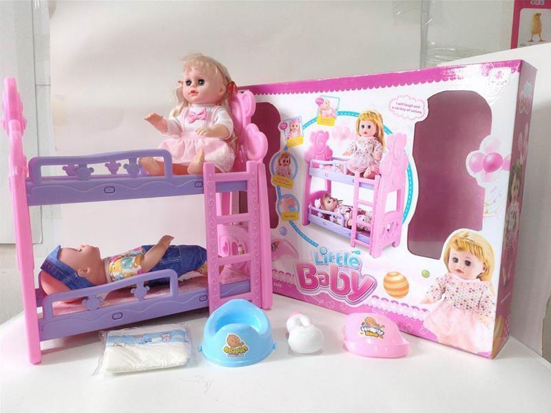 14 Inch Ic Doll With Bunk Bed, Diaper, Bottle, Bedpan, Bib, And 2 Dolls