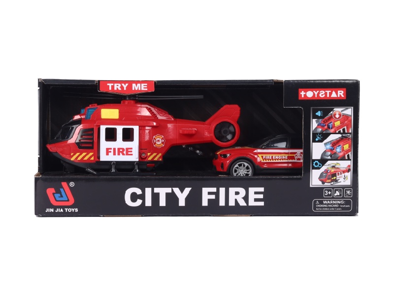 1:14 Fire-Fighting Kit: Cable Helicopter + Sports Car (Lighting, Sound, Door Opening, Multi-Functional)