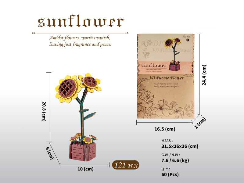 Diy 3D Wooden/Wooden Flowers/Assembled Flowers/Wooden Model Assembled Flowers/Sunflowers