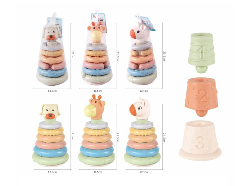 Soft Plastic Animal Head Wheat Stalk Stacking Rings Toy