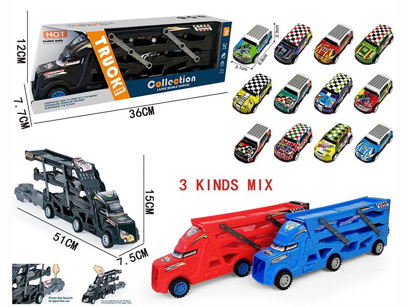 Three-Decker Folding Ejection Container Truck + 3PCS 6.8CM Pull Back Off-Road Graffiti Iron Cars