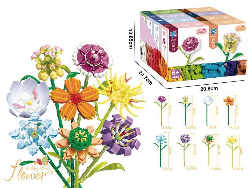 Eight-In-One Flower Bouquet Building Blocks: Carnation/Octagonal Golden Lotus/Dove Orchid/Autumn Vine/Gentian/Digitalis/Leaf Elephant Flower/Yellow Flower Tail Corner 258Pieces