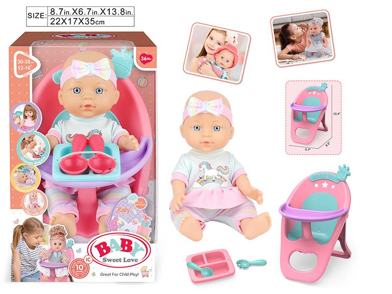12" Baby Doll(No IC, Vinyl Head, Blow Molding Body, Hands And Feet) + Dining Chair + Dinner Plate + Fork + Spoon