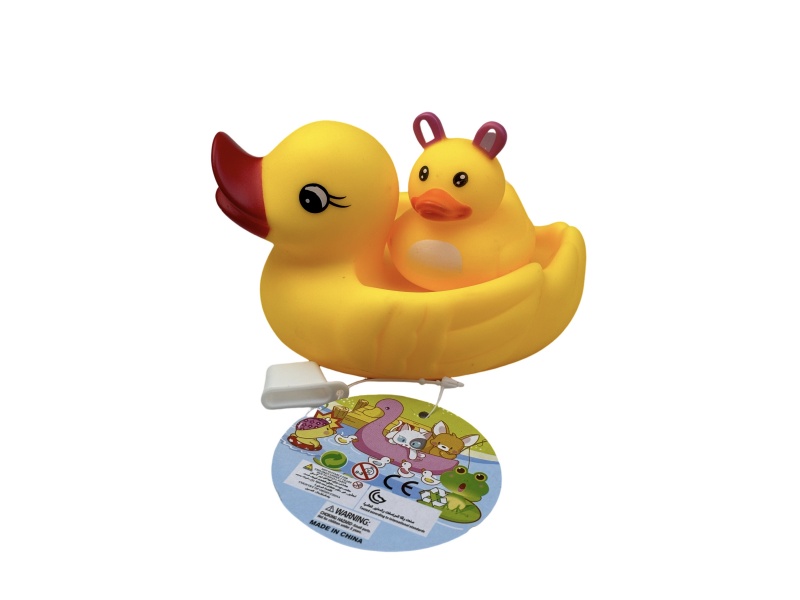 A Small Female Duck Playing In The Bathroom With A Rabbit-Headed Duck