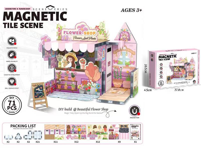 DIY Beautiful Flower Shop Magnetic Tiles Scene Building Blocks 71pcs