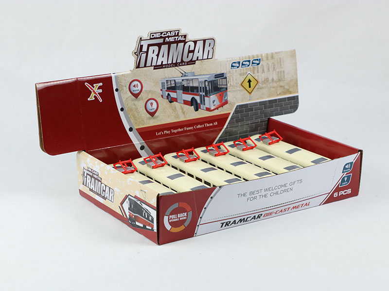 1:90 Pull Back Alloy Tram Car With Sound And Lights, 3 Doors Can Open(6PCS)