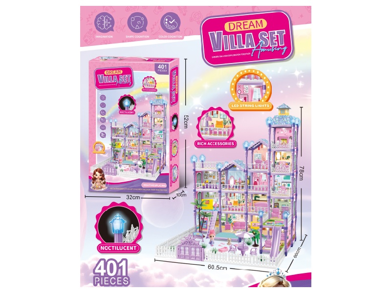 Luminous Diy Princess Villa House Play Castle Set (Diy Assembled Girl Dream House Mansion) 219Pcs