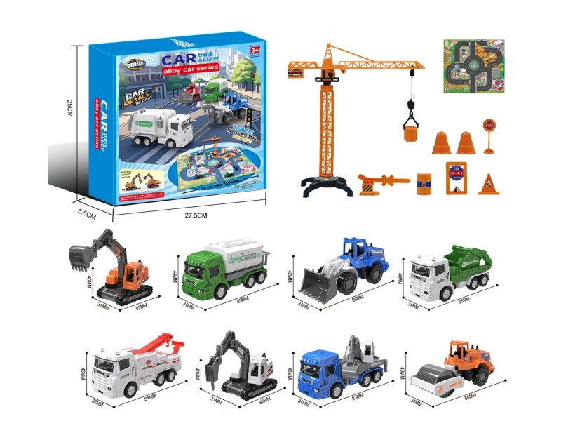1:64 City Alloy Car Set A/8 Model (Crane Tower/Road Sign/Map)
