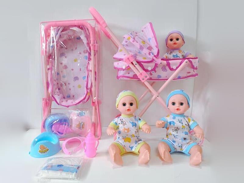 14" Baby Doll With IC, Can Drink Water And Pee + Iron Baby Stroller,  Baby Bottle, Diaper, Plastic Bib, Potty