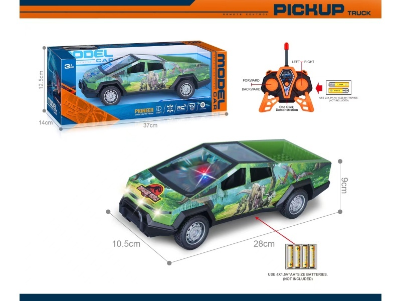 27Mhz 1:14 Five-Channel Tesla Cybertruck Remote Control With Lights, One-Button Demonstration, Bright Window Seat, Uv3D Printed Dinosaur Elements (Battery Not Included)