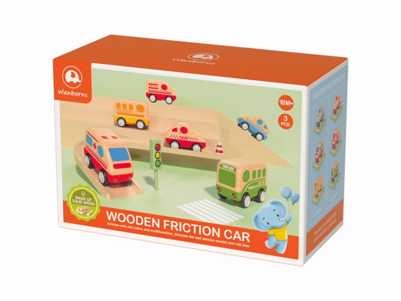 Wooden Friction Car With Music And Lights 3pcs