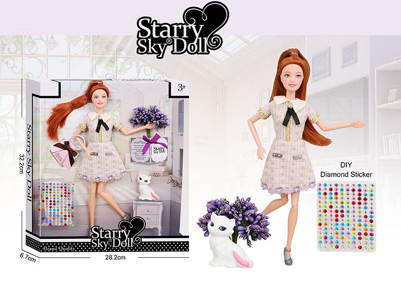 Chanel's Style Series 11.5 Inch 11-Joints Fashion Doll With DIY Diamond Sticker, Simulated Bouquet, Cat