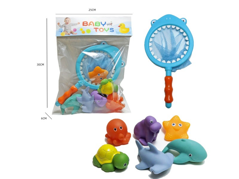 Shark Fishing Net + Single-Color-Changing Ocean Set (7-Piece Set) Cross-Border Bathroom Fish Fishing Toys, Bathing Toys, Fish Fishing And Bathing Toys, Water Play Children'S Vinyl Animal Toys