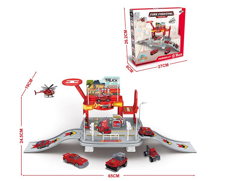 Fire Fighting Series Track Parking Lot With 1 Helicopter And 2 Alloy Cars