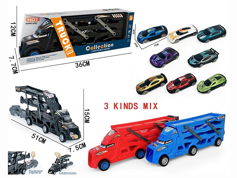 Three-Decker Folding Ejection Container Truck + 3 Slide Alloy Racing Cars