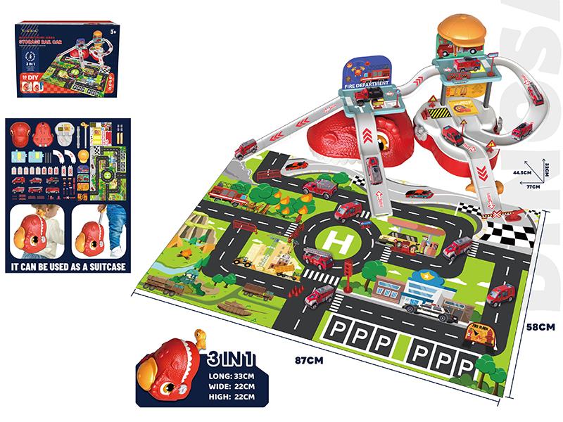 Alloy Fire Engine Series Dinosaur Storage Parking Lot(With 6 Alloy Cars)