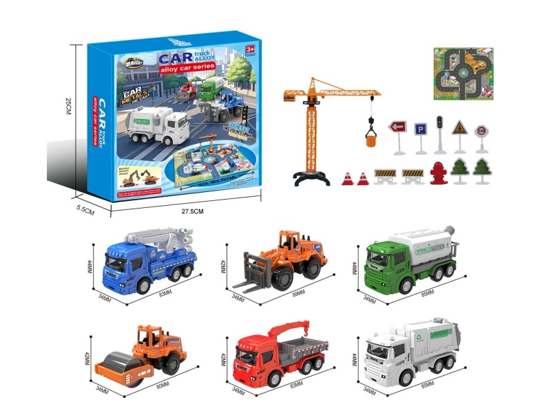 1:64 City Alloy Car Set B/6 Models (Crane Tower/Road Sign/Map)