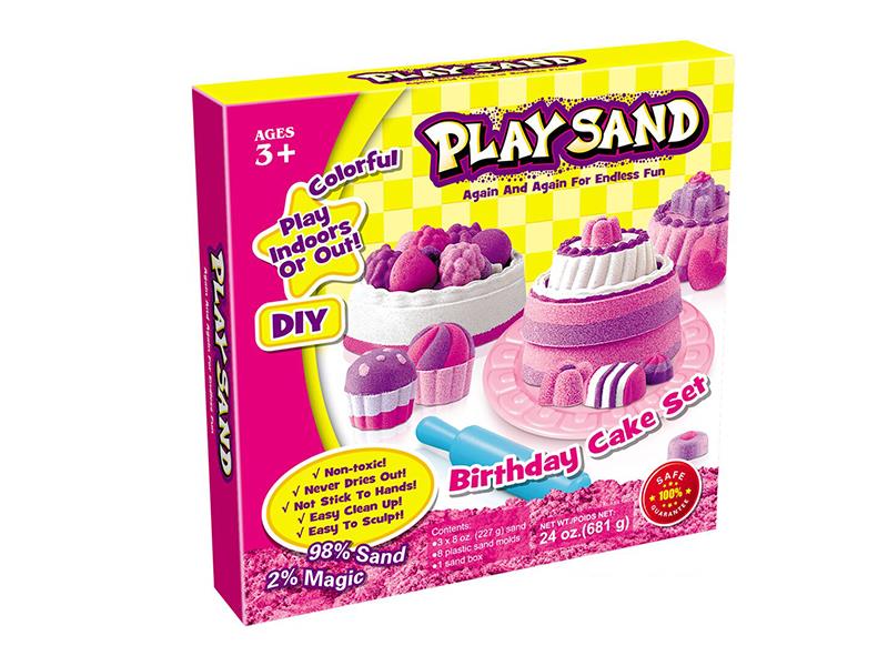 Space Soil Birthday Cake Play Set(681g Sand/3 Colors + Tray + Cake Accessorie Tools)