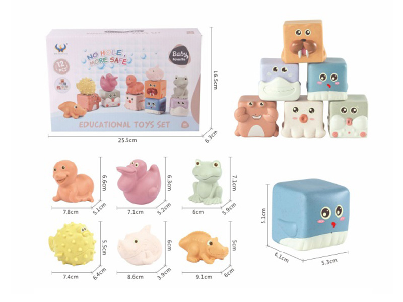 Straw Material Soft Plastic Small Animal  + Sea Animal Cube 12PCS