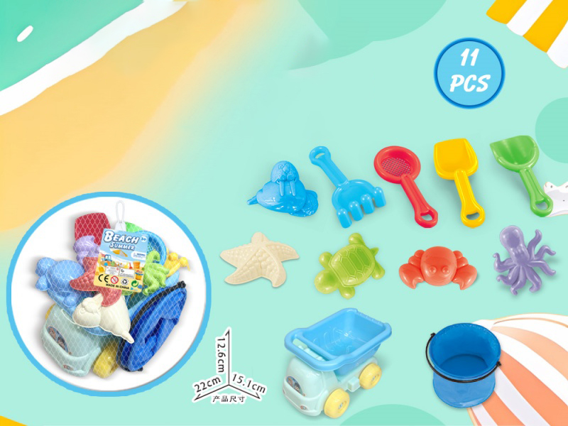 Large Truck With Beach Accessories + Folding Bucket (11 Pieces)