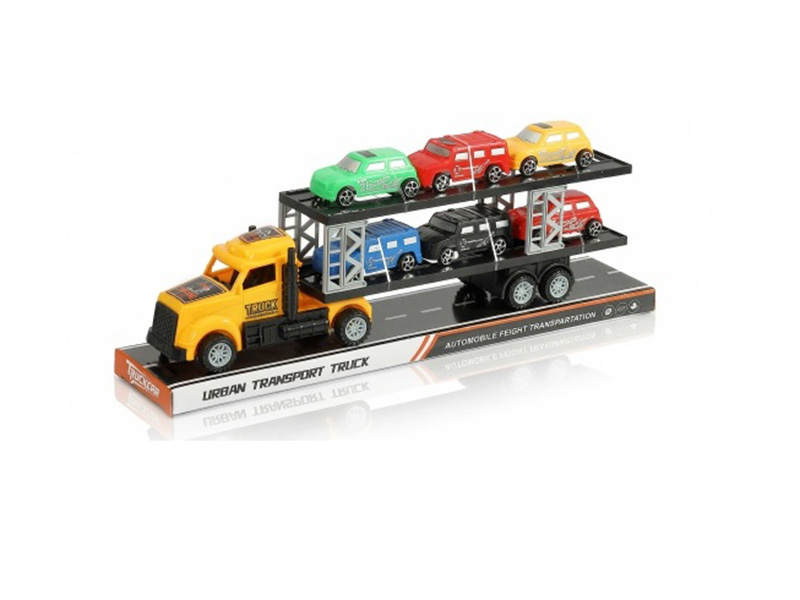 An Inertial American Tractor Truck Carries Six City Vehicles