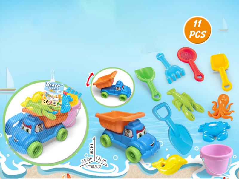 Large Truck With Beach Accessories + Bucket + Large Shovel (11 Pieces)