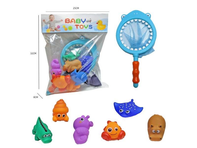 Shark Fishing Net + Soft Rubber Ocean Set (7-Piece Set) Cross-Border Bathroom Fish Fishing Toys, Bathing Toys, Fish Fishing And Bathing Toys, Water Play Children'S Rubber Animal Toys