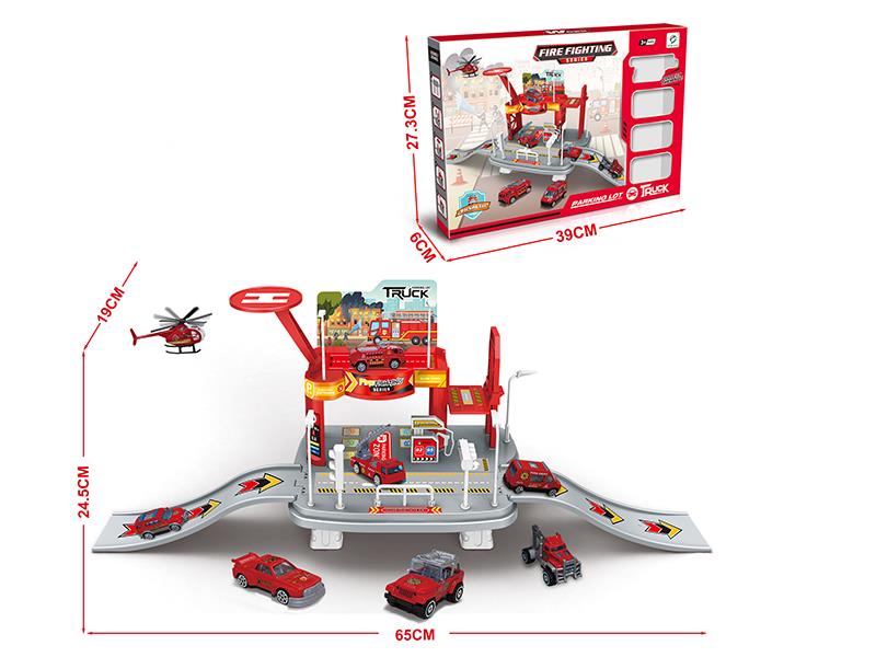 Fire Fighting Series Track Parking Lot With 1 Helicopter And 3 Alloy Cars