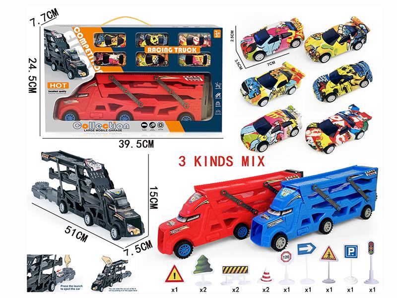 Three-Decker Folding Ejection Container Truck + 12 Guidepost + 6 Pull Back Graffiti Racing Cars