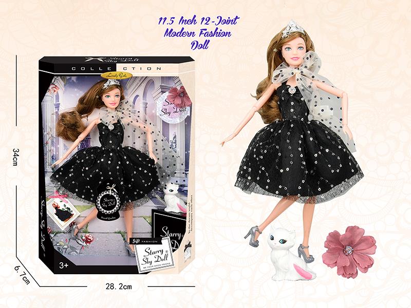11.5 Inch 12-Joint Modern Fashion Doll With Hair Tie, Crown, Pet Cat, Scarf, Wish Card