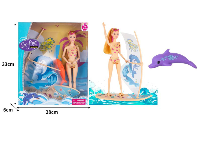 11.5-Inch Real 11-Joint Doll With Sailboat Surfboard Dual-Purpose + Rubber Dolphin