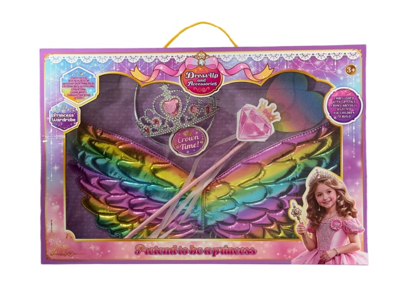 Princess Dress, Colorful Angel Wings, Fairy Wand And Crown Three-Piece Set