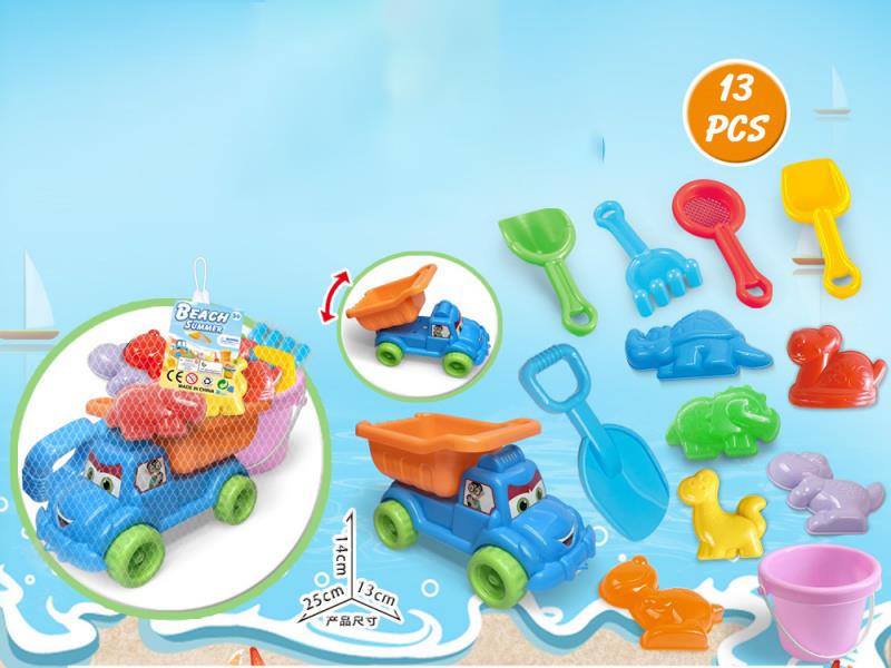 Large Truck With Dinosaur Beach Accessories + Bucket + Large Shovel (13 Pieces)