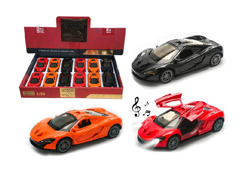 1:36 Rally Alloy Car Model - Mclaren P1 With Lights And Music, Orange/Black/Red Mixed Set (12 Pieces/Display Box)