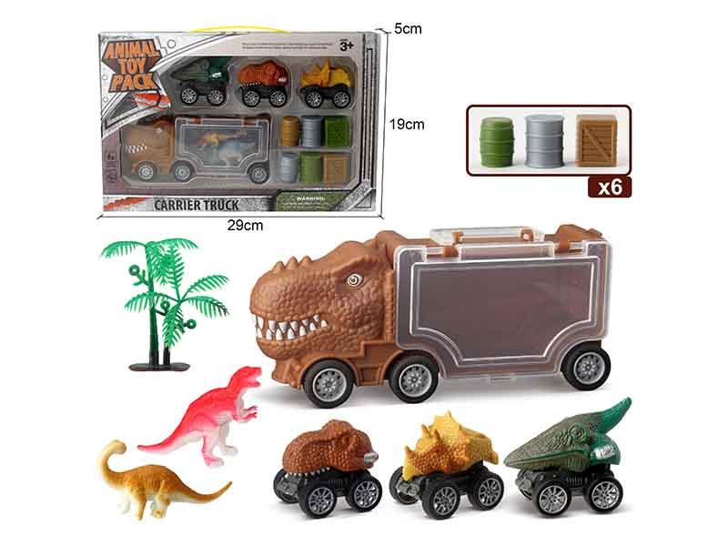 Slide Tyrannosaurus Rex Storage Car + 3 Dinosaur Cars + 2 Dinosaurs + 1 Tree + 6 Accessories