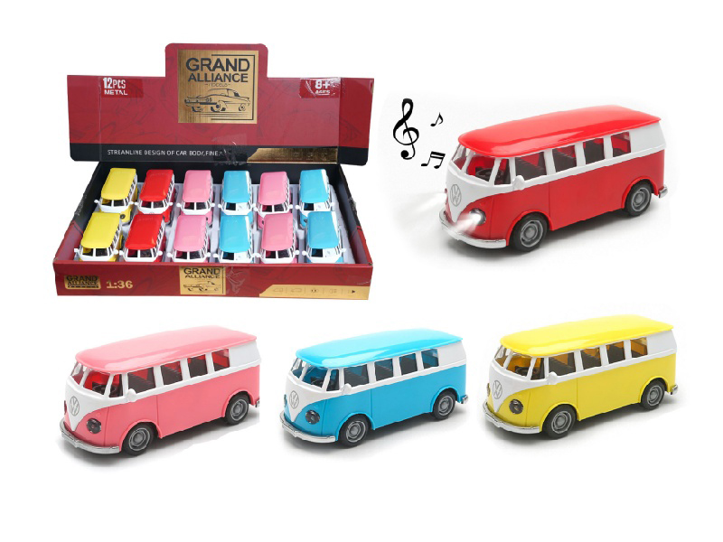 1:36 Huili Alloy Car Model - Bus With Lights And Music, Red/Pink/Blue/Yellow Mixed Color