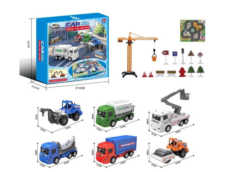 1:64 City Alloy Car Set B/6 Models (Crane Tower/Road Sign/Map)