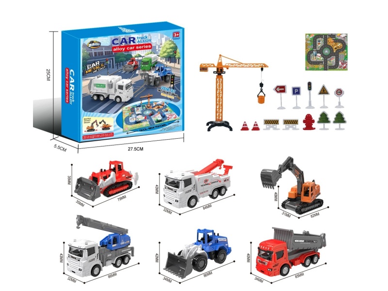 1:64 City Alloy Car Set B/6 Models (Crane Tower/Road Sign/Map)