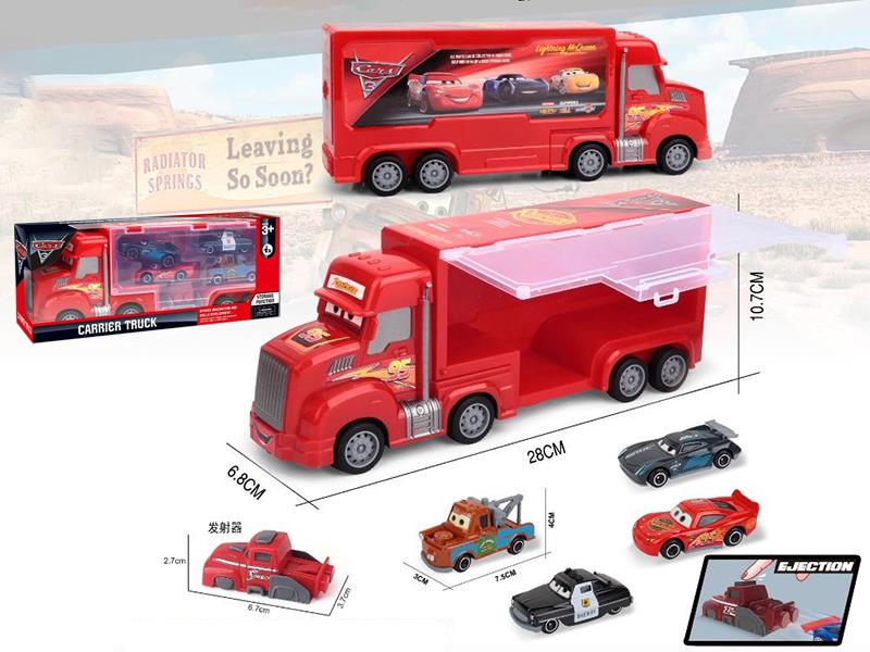 Friction Cars Storage Carrier Truck + 4pcs 7.5cm Slide Alloy Cars + Launcher