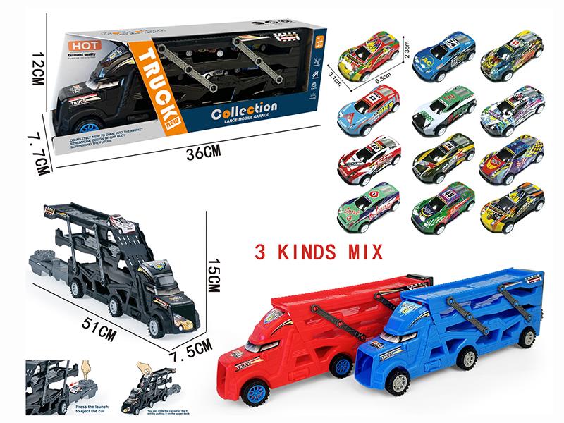 Three-Decker Folding Ejection Container Truck + 3PCS 6.8CM Pull Back Graffiti Iron Racing Cars